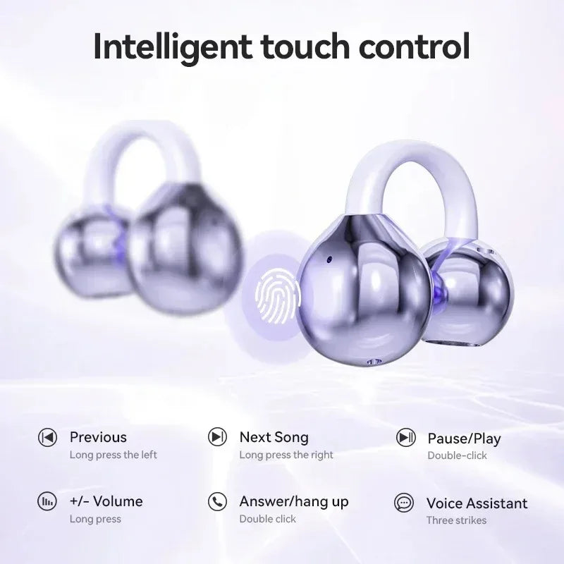 Ear Clip Earbuds Wireless Bone Conduction Bluetooth 5.4 Headphones Comfortable Waterproof Sport Headsets With Digital Display