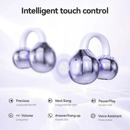 Ear Clip Earbuds Wireless Bone Conduction Bluetooth 5.4 Headphones Comfortable Waterproof Sport Headsets With Digital Display