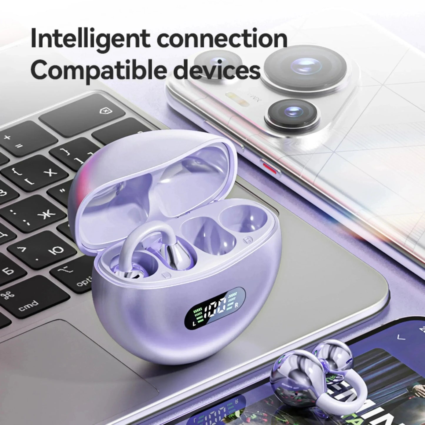 Ear Clip Earbuds Wireless Bone Conduction Bluetooth 5.4 Headphones Comfortable Waterproof Sport Headsets With Digital Display
